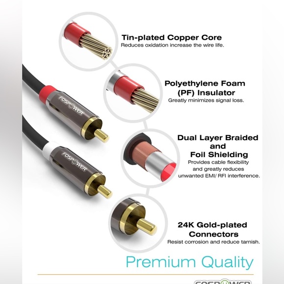 FosPower 2-Pack (6 feet) 2 RCA Stereo Audio Cable [24K Gold Plated Copper Core - Picture 2 of 8